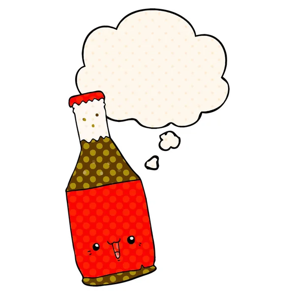Botella de cerveza de dibujos animados y burbuja de pensamiento en estilo de cómic — Vector de stock