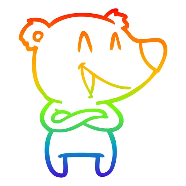 Rainbow gradient line drawing laughing bear cartoon — Stock Vector