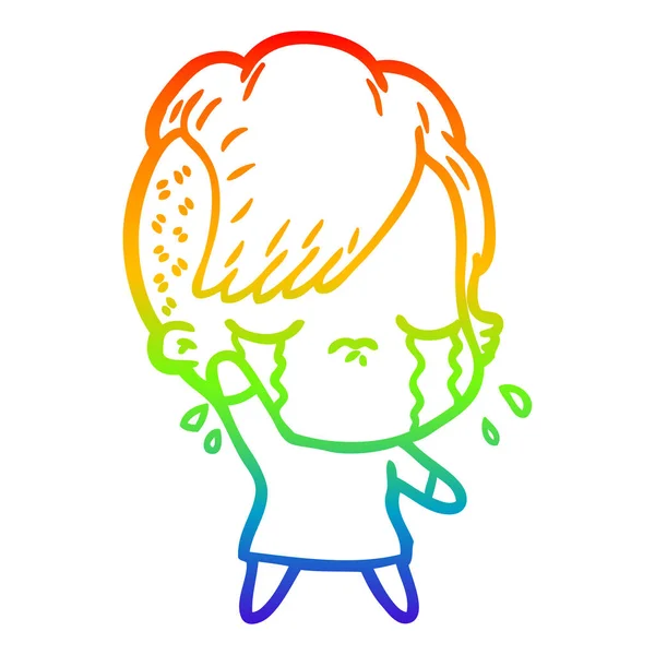 Regenboog gradiënt lijntekening cartoon huilen meisje zwaaiende — Stockvector