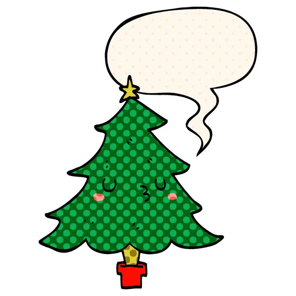 Bonito cartoon árvore de natal e fala bolha em quadrinhos styl — Vetor de Stock