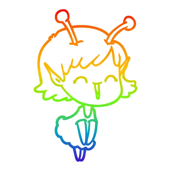 Rainbow gradient ligne dessin dessin animé alien fille rire — Image vectorielle