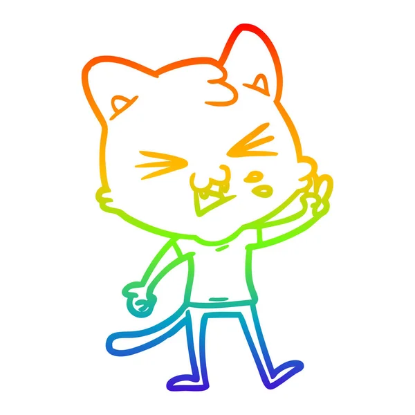 Rainbow gradient ligne dessin dessin animé chat sifflement — Image vectorielle