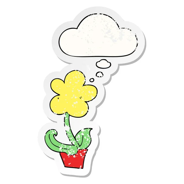 Mignon dessin animé fleur et pensée bulle comme une détresse porté stic — Image vectorielle