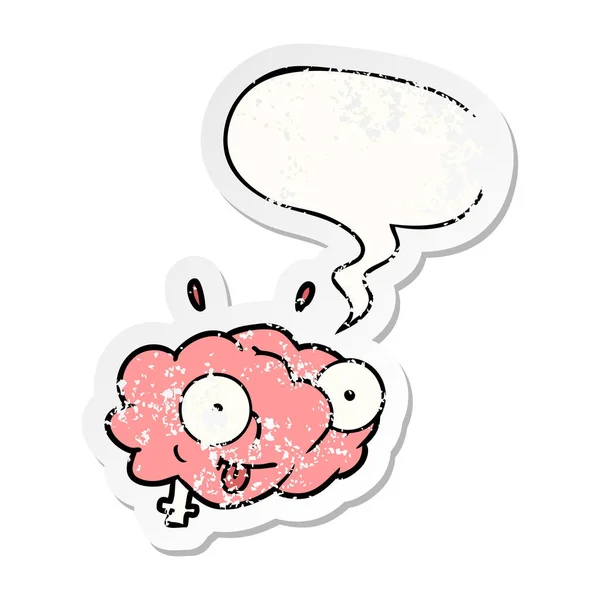 Funny cartoon brain and speech bubble distressed sticker — Stock Vector