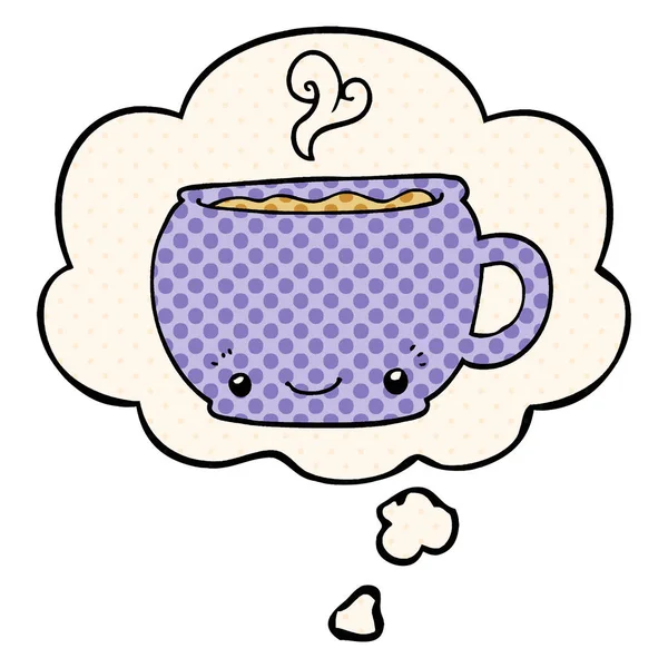 Taza de café caliente de dibujos animados y burbuja de pensamiento en estilo de cómic — Archivo Imágenes Vectoriales