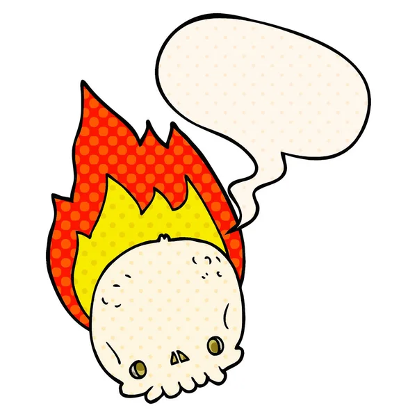 Assustador desenho animado em chamas crânio e fala bolha em quadrinhos sty — Vetor de Stock