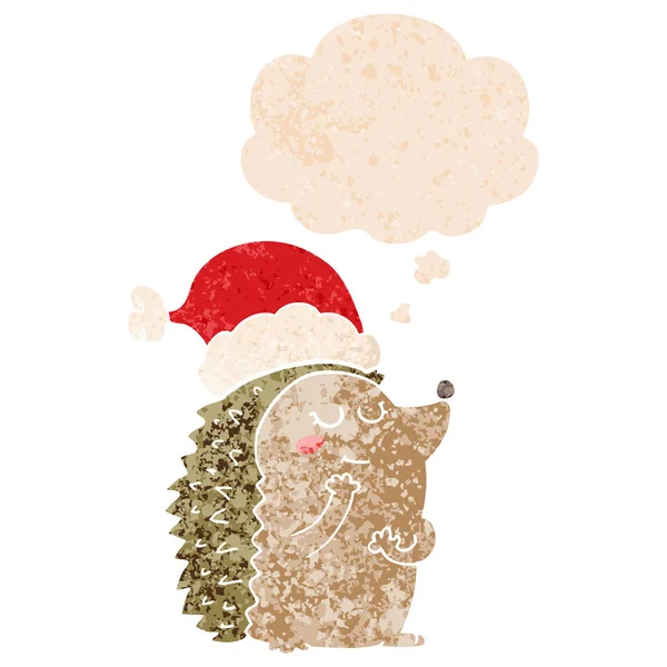 Ouriço dos desenhos animados usando chapéu de Natal e bolha de pensamento em ret —  Vetores de Stock
