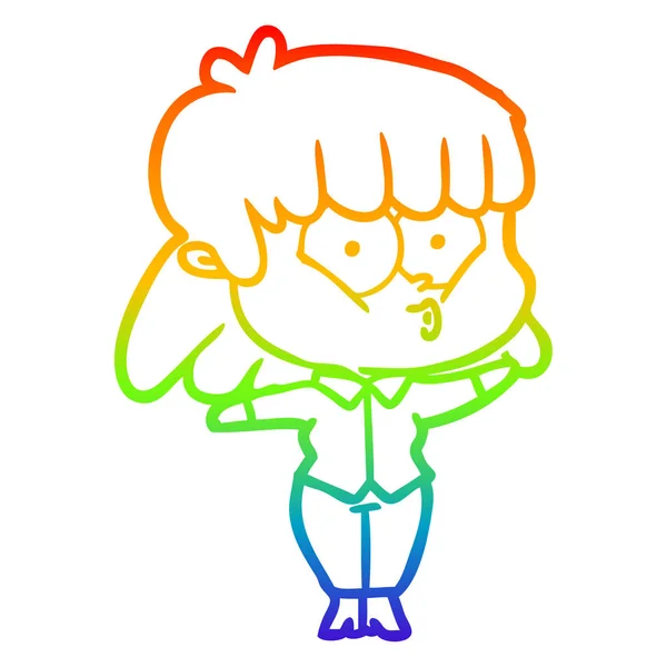 Regenboog gradiënt lijntekening cartoon fluitende meisje — Stockvector