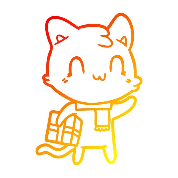 Linha gradiente quente desenho cartoon gato feliz usando cachecol — Vetor de Stock