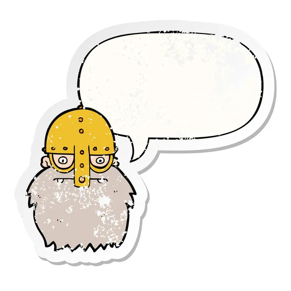 Cartoon Viking gezicht en toespraak bubble noodlijdende sticker — Stockvector