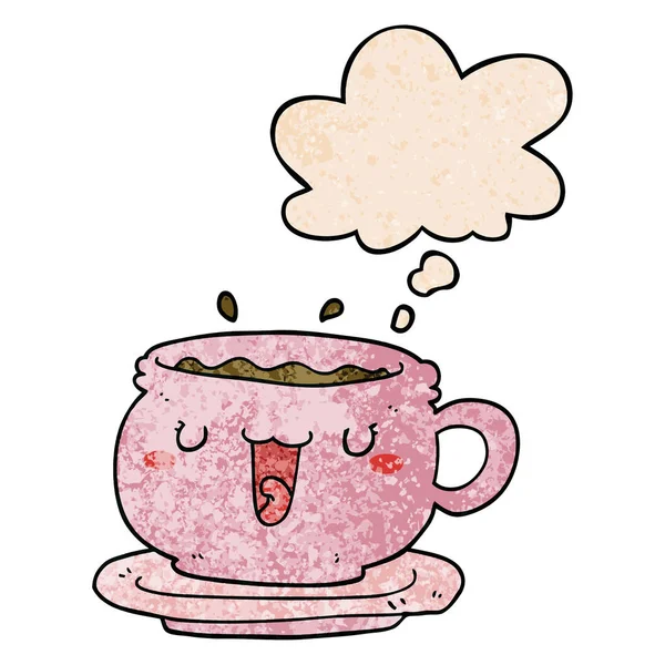 Tasse de dessin animé mignon et soucoupe et bulle de pensée dans la texture grunge — Image vectorielle