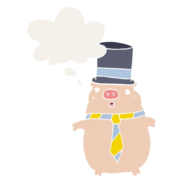 Мультфильм бизнес свиньи и мыслей пузырь в стиле ретро — стоковый вектор