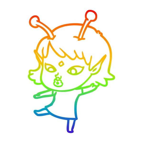 Rainbow gradient ligne dessin jolie dessin animé alien fille — Image vectorielle