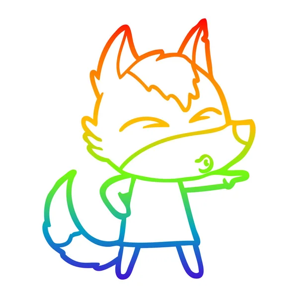 Arco iris gradiente línea dibujo dibujos animados lobo chica silbando y po — Vector de stock