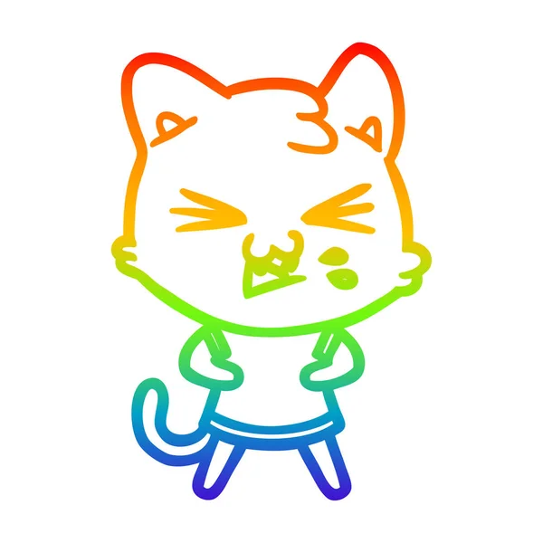 무지개 그라데이션 라인 그리기 만화 고양이 히싱 — 스톡 벡터