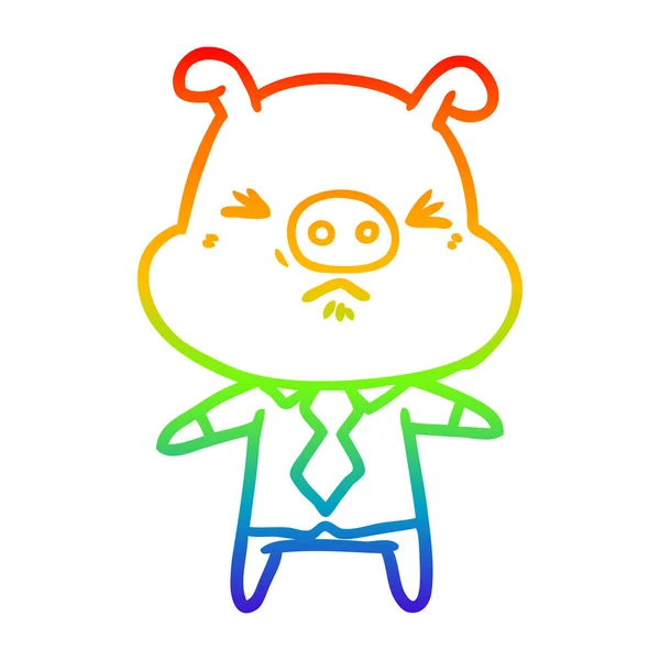 Arco iris gradiente línea dibujo dibujos animados enojado cerdo en camisa y corbata — Vector de stock