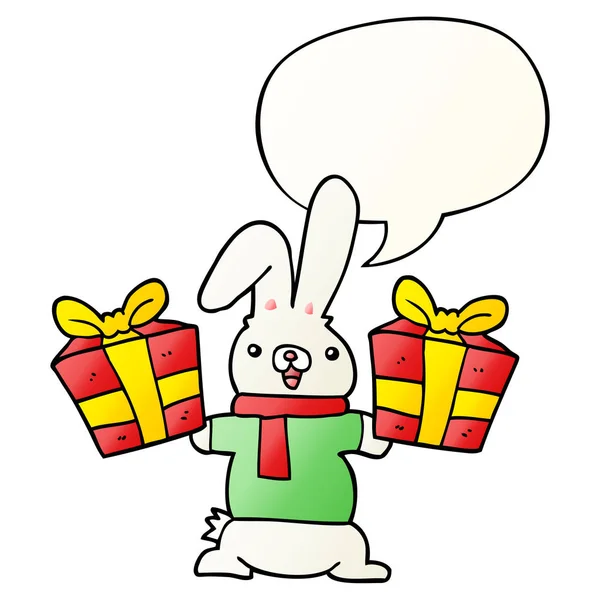 Cartoon rabbit and christmas presents and speech bubble in smoot — Stock Vector