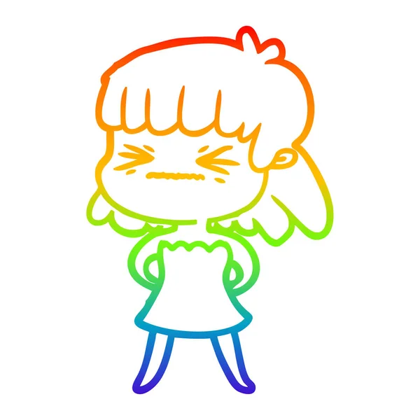 Rainbow gradient line drawing cartoon angry girl — Stock Vector