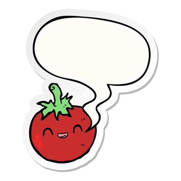 Lindo tomate de dibujos animados y el habla pegatina burbuja — Vector de stock