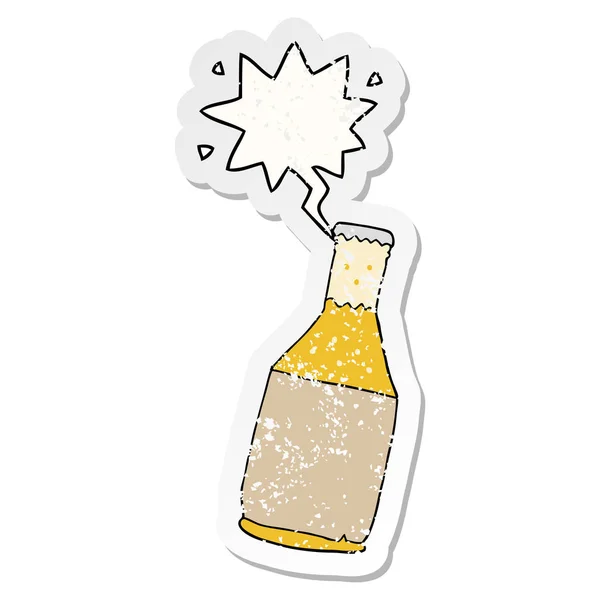 Cartoon beer bottle and speech bubble distressed sticker — Stock Vector