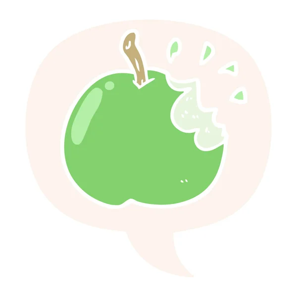 Dessin animé pomme fraîche mordue et bulle de parole dans le style rétro — Image vectorielle