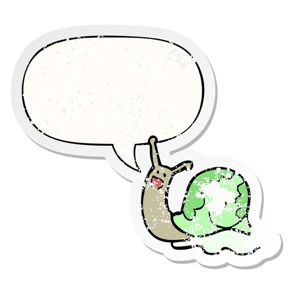 Милий мультяшний равлик і мовна бульбашка засмучена наклейка — стоковий вектор