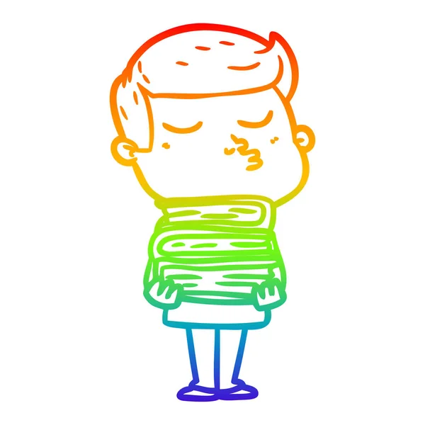 Regenboog gradiënt lijntekening cartoon model Guy pouting Holding — Stockvector