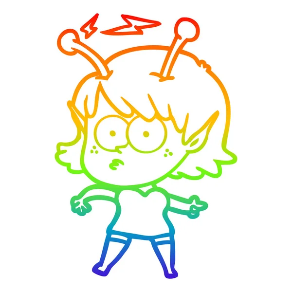 Arcobaleno gradiente linea disegno cartone animato ragazza aliena — Vettoriale Stock