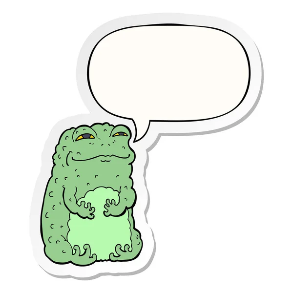 Cartoon smug toad and speech bubble sticker — Stock Vector