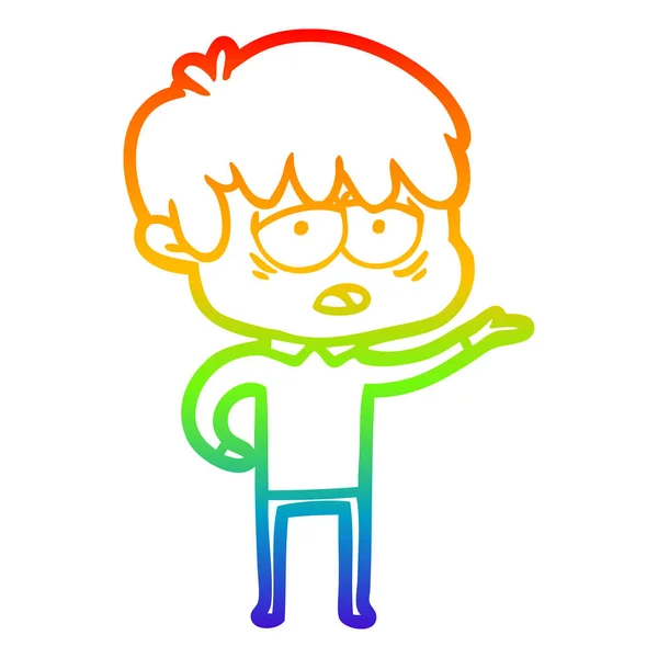 Regenboog gradiënt lijntekening cartoon uitgeput jongen — Stockvector