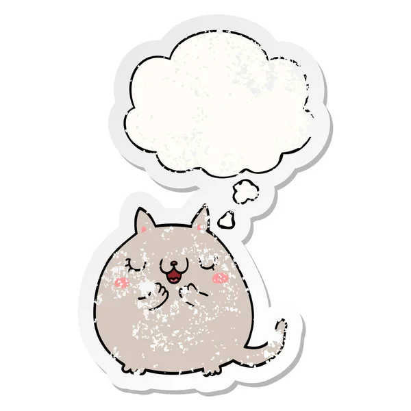 Desenho animado bonito gato e pensamento bolha como um adesivo usado angustiado —  Vetores de Stock