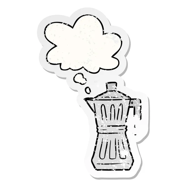 Máquina de café expresso desenhos animados e bolha pensamento como um desgastado angustiado s — Vetor de Stock