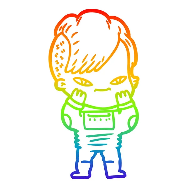 Arco iris gradiente línea dibujo lindo dibujos animados chica con hipster hai — Vector de stock