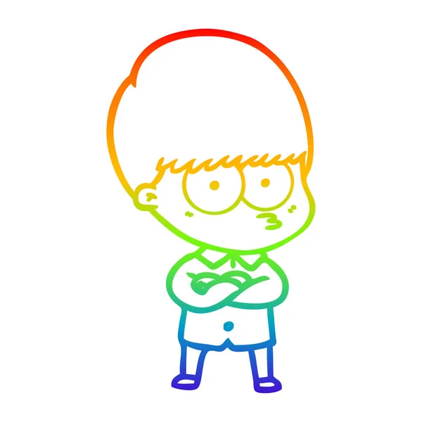 Rainbow gradient line drawing annoyed cartoon boy — Stock Vector