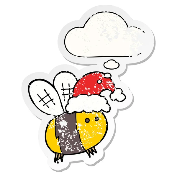 Cute cartoon bee wearing christmas hat and thought bubble as a d — Stock Vector