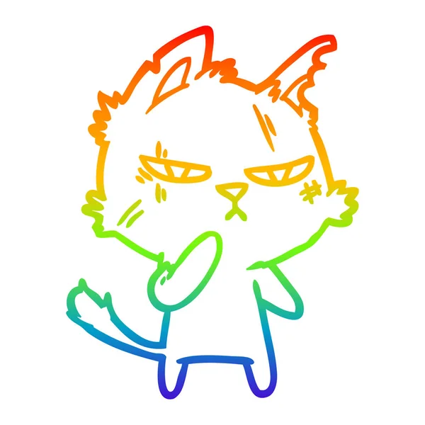 Rainbow gradient ligne dessin dur dessin animé chat — Image vectorielle