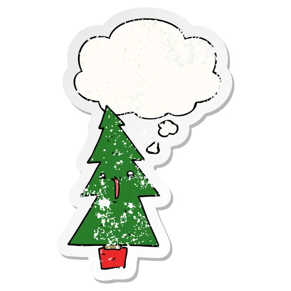 Cartoon christmas tree and thought bubble as a distressed worn s — Stock Vector