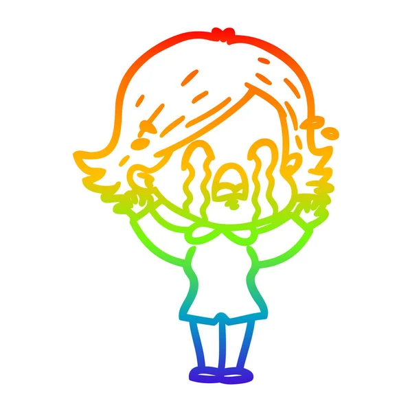 Regenbogengradienten Linie Zeichnung Karikatur Frau weint — Stockvektor
