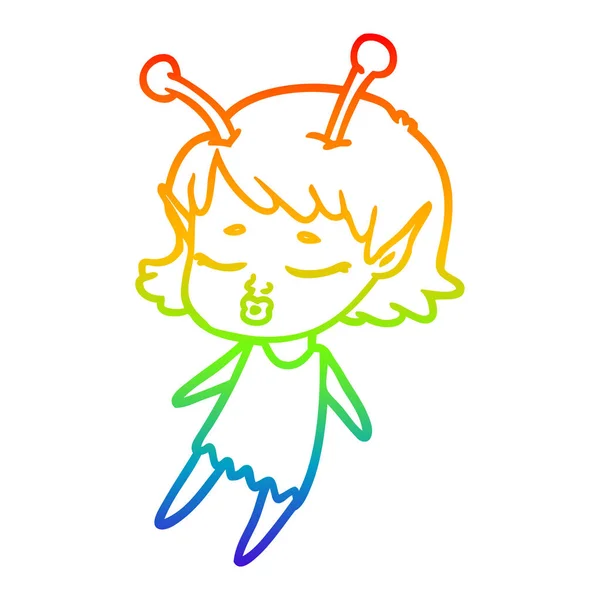 Rainbow gradient line drawing cute alien girl cartoon — Stock Vector