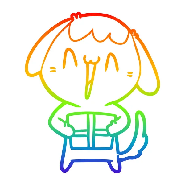 Rainbow gradient line drawing cute cartoon dog with christmas pr — Stock Vector