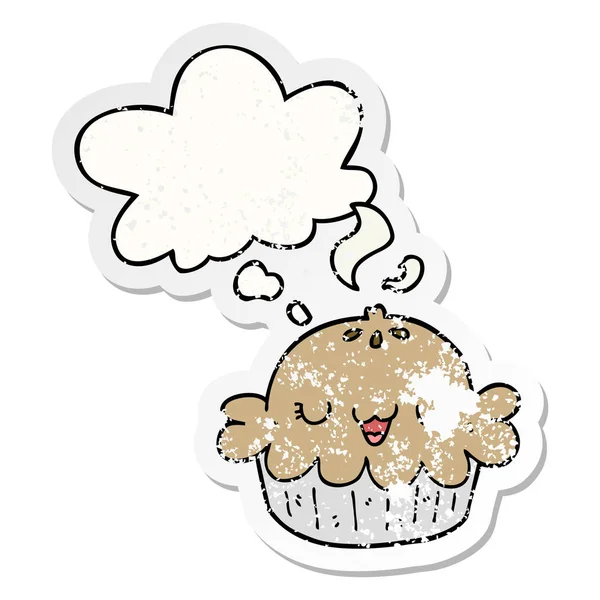 Cute cartoon pie and thought bubble as a distressed worn sticker — Stock Vector