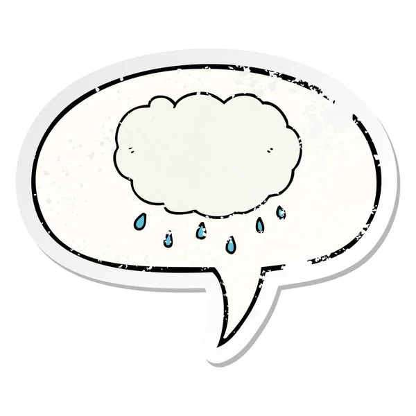 Karikatür yağmur bulutu ve konuşma balonu sıkıntılı etiket — Stok Vektör