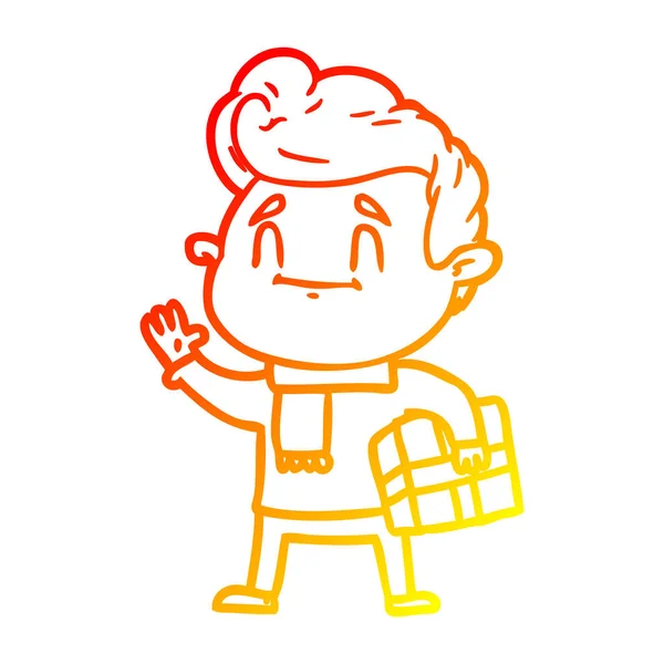 Teplá přechodová linie kreslení šťastný kreslený muž s dárkem — Stockový vektor