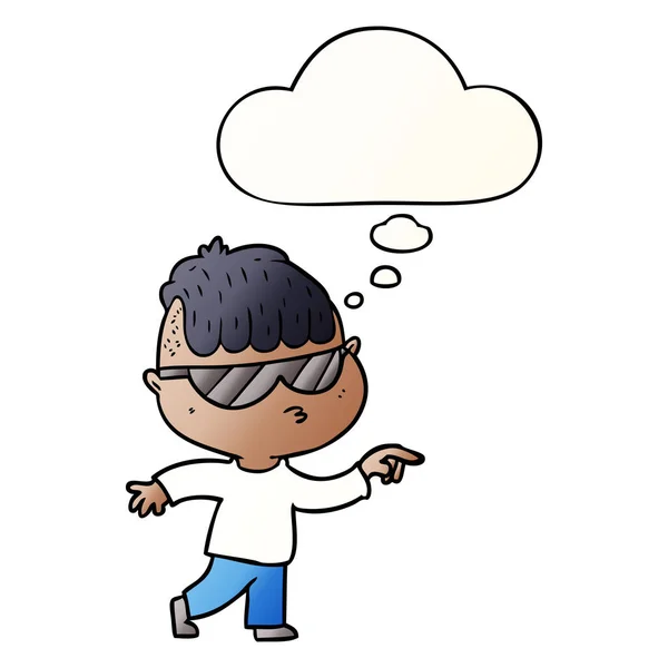 Dibujos animados chico usando gafas de sol señalando y pensamiento burbuja en sm — Vector de stock