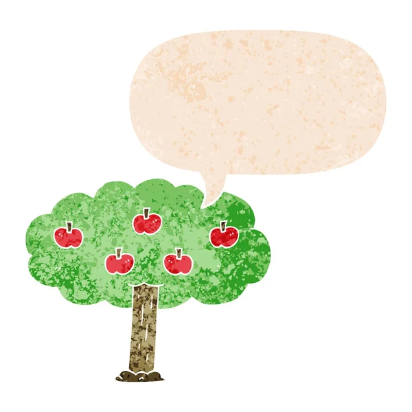 Cartoon apple tree and speech bubble in retro textured style — Stock Vector