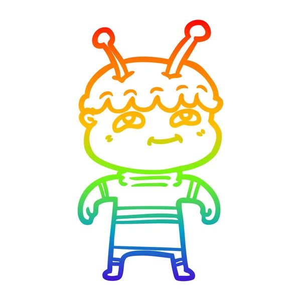 Rainbow gradient line drawing friendly cartoon spaceman — Stock Vector
