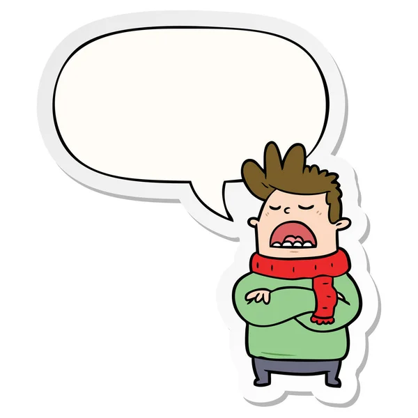 Dessin animé homme odieux en vêtements d'hiver et bulle de parole bâton — Image vectorielle