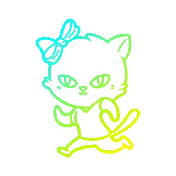 Cold gradient line drawing cute cartoon cat jogging — Stock Vector