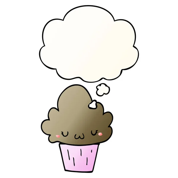 Cupcake de dibujos animados con la cara y la burbuja de pensamiento en gradiente suave — Archivo Imágenes Vectoriales