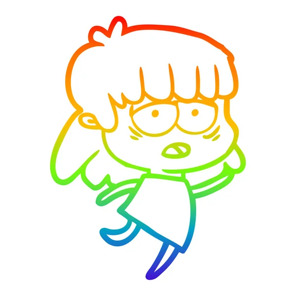 Arco-íris linha gradiente desenho cartoon cansado mulher — Vetor de Stock